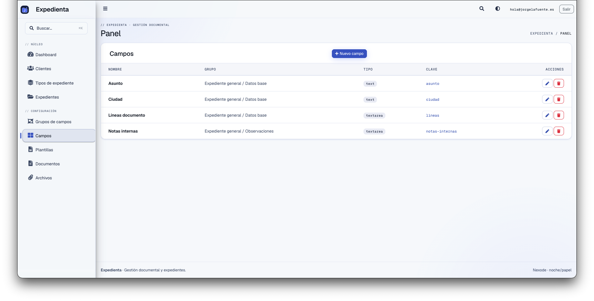 Configuración de campos en Expedienta