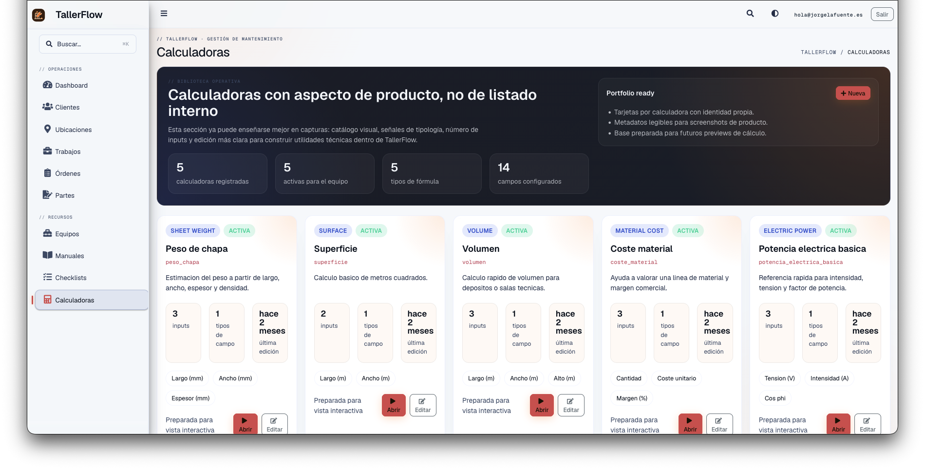 Calculadoras técnicas en TallerFlow